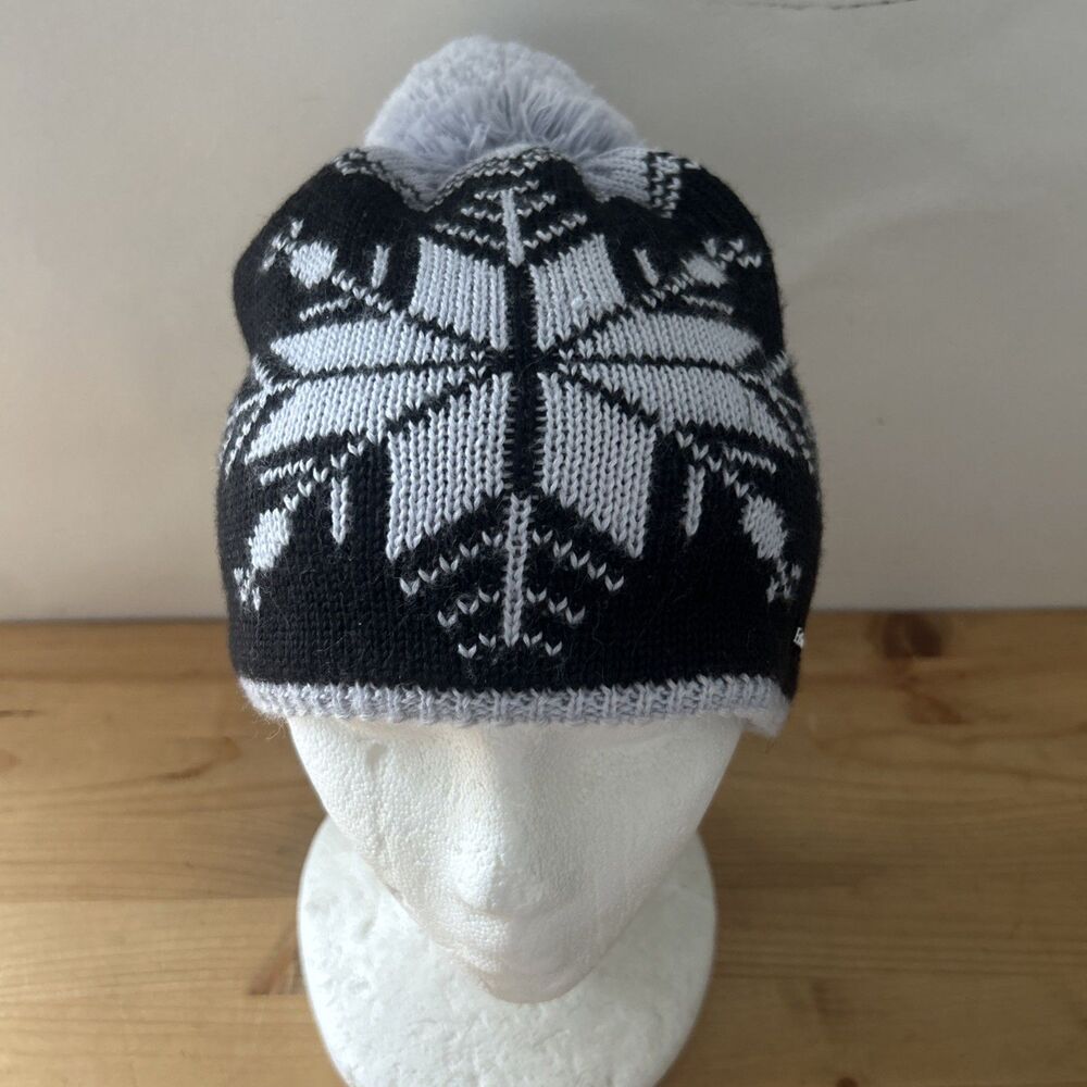 Eisbar Knit Hat Black w Grey Snowflake Merino Wool Beanie w Large Pom OS